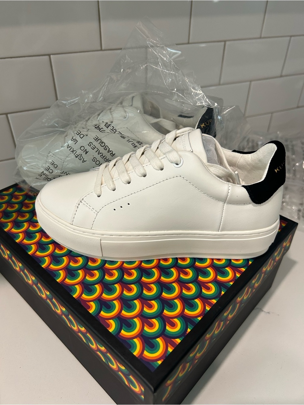 Kurt Geiger White Leather Low-Top Sneakers with Black Heel
